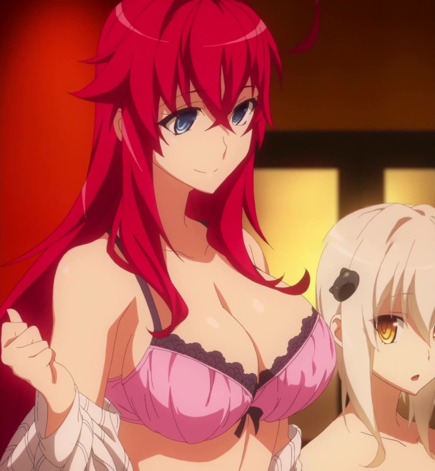 2girls blue_eyes bra breasts cleavage high_school_dxd highres large_breasts long_hair multiple_girls red_hair rias_gremory screencap stitched third-party_edit underwear