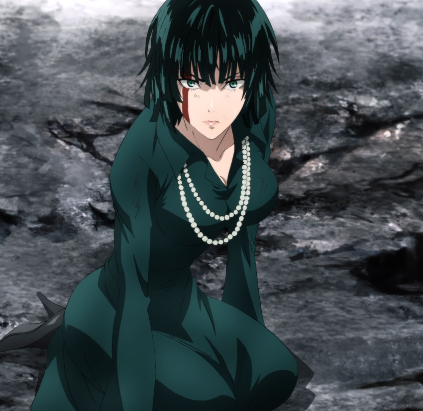 1girl bangs blood blood_on_face breasts cleavage collared_dress dress fubuki_(one-punch_man) green_dress green_eyes green_hair highres large_breasts lips one-punch_man screencap short_hair stitched third-party_edit
