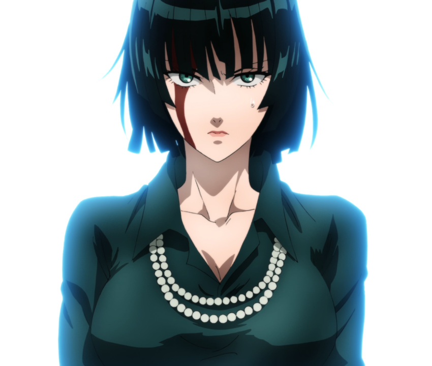 1girl bangs blood blood_on_face breasts cleavage close-up collared_dress dress fubuki_(one-punch_man) green_dress green_eyes green_hair highres large_breasts lips one-punch_man screencap short_hair stitched third-party_edit white_background