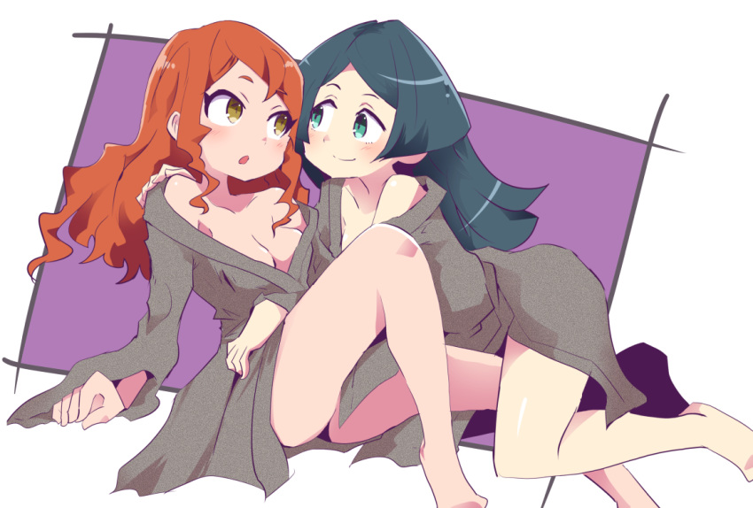2girls aqua_eyes barbara_parker bare_shoulders bathrobe black_hair blush breasts brown_hair cleavage full_body grey_robe hand_on_another's_shoulder hanna_england hys-d knee_up leg_between_thighs little_witch_academia long_hair long_sleeves medium_breasts multiple_girls off_shoulder parted_lips robe smile yellow_eyes yuri