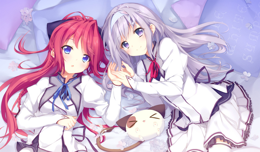 2girls amaha_miu animal blue_eyes braids cat flowers gray_hair headband hisagiyuu inui_sana long_hair mashiroiro_symphony purple_eyes red_hair ribbons seifuku skirt thighhighs