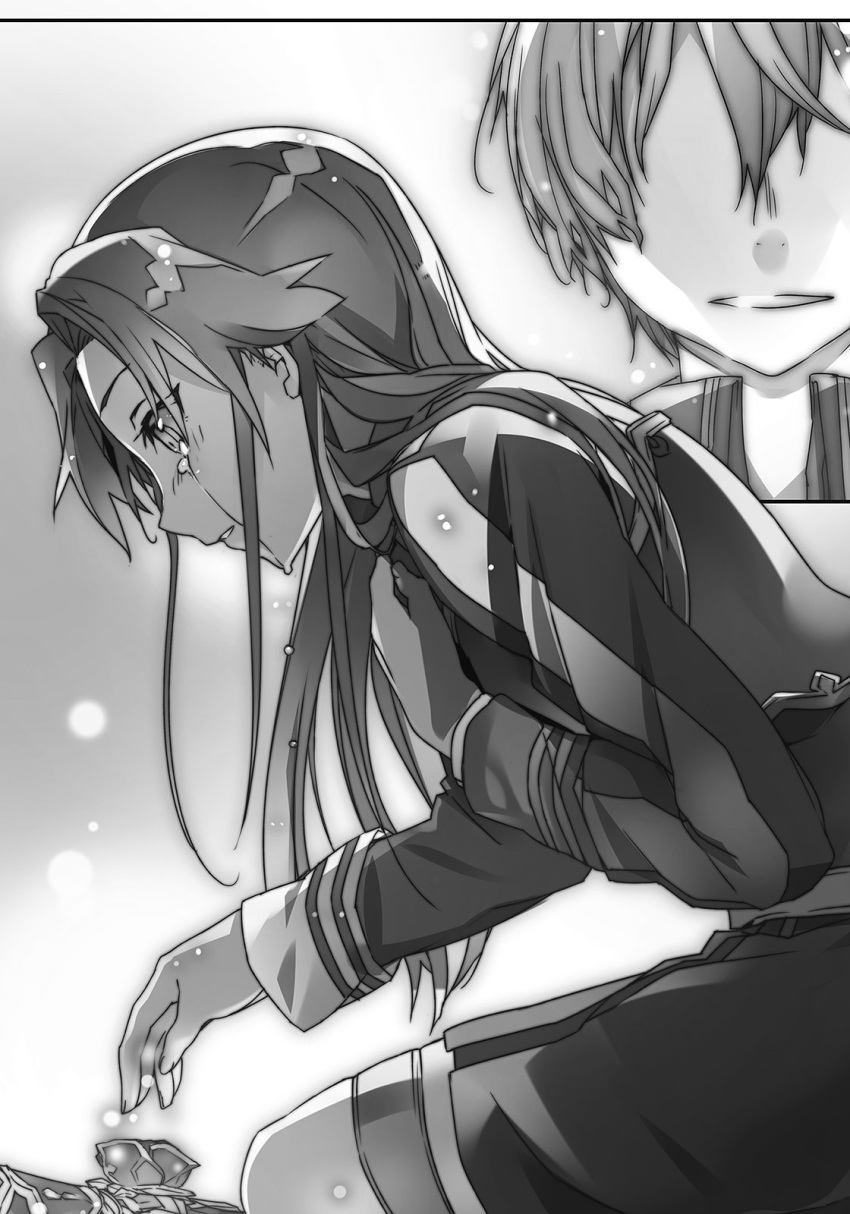 1boy 1girl abec blue_rose_sword crying crying_with_eyes_open ears eugeo floating_hair greyscale grin hair_intakes hair_over_shoulder highres leaning_forward long_hair long_sleeves miniskirt monochrome novel_illustration official_art parted_lips shiny shiny_hair sitting skirt smile sword_art_online tears tiese_schtrinen