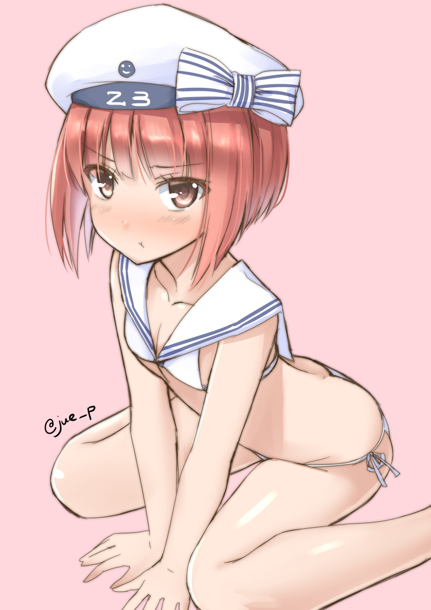1girl :i :t absurdres all_fours ass bikini brown_eyes brown_hair clothes_writing commentary_request downpants hat highres kantai_collection pink_background sailor_bikini sailor_collar sailor_hat short_hair simple_background sitting solo swimsuit twitter_username wariza white_bikini white_headwear yuuki_eishi z3_max_schultz_(kantai_collection)