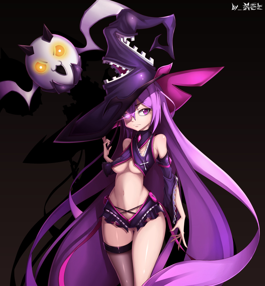 1girl absurdres aisha_(elsword) detached_sleeves elsword familiar glowing glowing_eyes hat highres long_hair midriff nwo5333 oz_sorcerer_(elsword) very_long_hair witch_hat zipper