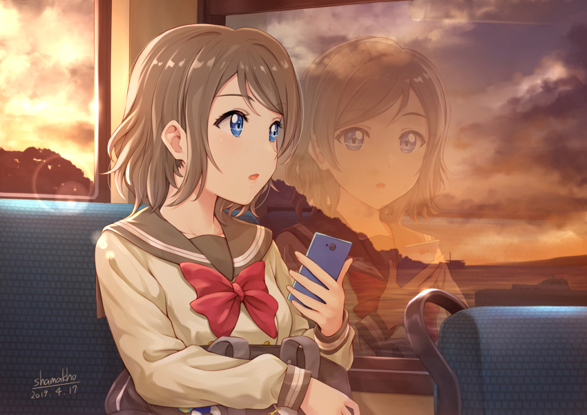1girl :o artist_name bag bangs blue_eyes bow bowtie brown_hair cellphone cloud cloudy_sky commentary_request dated evening eyebrows_visible_through_hair grey_sailor_collar grey_shirt highres holding holding_cellphone holding_phone lens_flare long_sleeves love_live! love_live!_sunshine!! open_mouth phone red_bow red_neckwear reflection sailor_collar school_bag school_uniform shamakho shirt short_hair sky smartphone solo sunlight sunset swept_bangs train_interior upper_body uranohoshi_school_uniform watanabe_you window