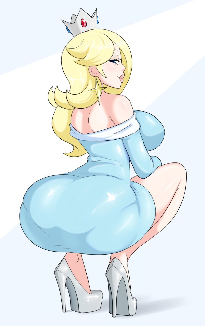 1girl ass back bare_shoulders blonde_hair blue_background blue_dress blue_eyes breasts closed_mouth crown dress earrings from_behind full_body half-closed_eyes high_heels highres huge_ass jewelry large_breasts lips long_hair long_sleeves looking_at_viewer mario_(series) nintendo pantylines rosalina sealguy solo squatting two-tone_background white_background