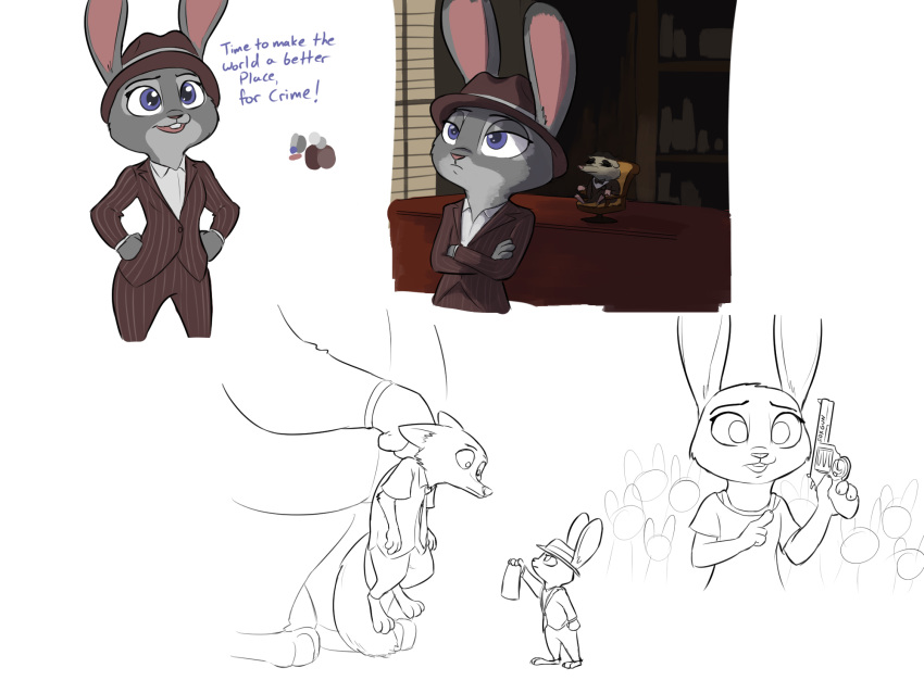2019 ambiguous_gender anthro barefoot bow_tie buckteeth canid canine carrying chair clothed clothing crossed_arms dialogue disney duo english_text eulipotyphlan female fox group gun handgun hands_on_hips hat holding_object holding_weapon judy_hopps lagomorph leporid mammal mr._big multiple_scenes necktie nick_wilde purple_eyes rabbit ranged_weapon revolver shrew simple_background sitting solo standing suit teeth text tggeko weapon white_background zootopia