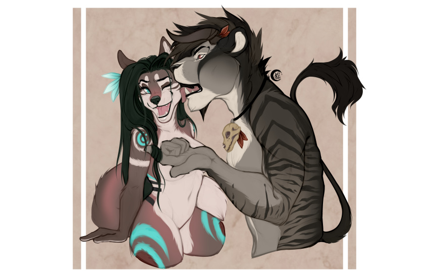 2019 anthro black_hair black_lips breasts canid canine clothed clothing digital_media_(artwork) duo felid feline female fox hair kriticalerror licking male mammal nude open_mouth pink_eyes smile teeth tongue tongue_out