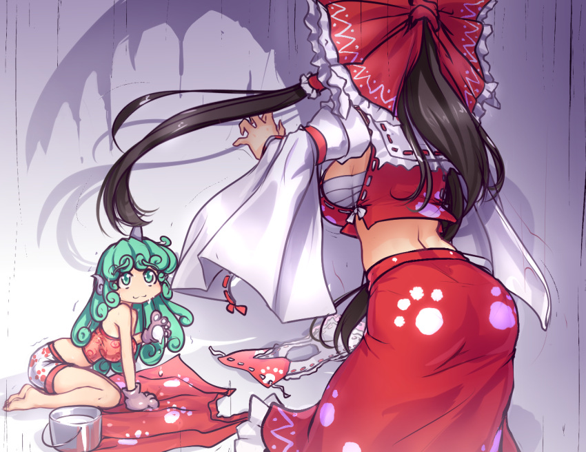 2girls :3 arm_support ass bangs bare_arms bare_legs barefoot black_hair bow breasts claw_pose commentary crop_top detached_sleeves english_commentary eyebrows_visible_through_hair frilled_bow frills from_behind gloves gradient gradient_background green_eyes green_hair grey_background hair_bow hair_tubes hakurei_reimu hater_(hatater) horn komano_aun large_breasts leaning_forward long_hair long_sleeves looking_at_another midriff multiple_girls paw_print paws petticoat red_bow red_shirt red_skirt ribbon-trimmed_collar ribbon-trimmed_sleeves ribbon_trim sarashi shadow shirt short_shorts shorts sidelocks sitting skirt sleeveless sleeveless_shirt thighs touhou wariza white_shorts wide_sleeves wily_beast_and_weakest_creature