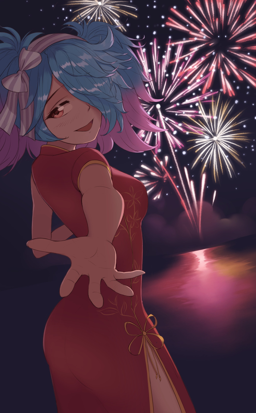 1girl absurdres ass awan97 blue_hair breasts china_dress chinese_clothes dress fire_emblem fireworks hair_over_one_eye highres looking_at_viewer medium_breasts multicolored_hair nintendo outstretched_arm pieri_(fire_emblem_if) pink_eyes pink_hair short_hair side_slit smile sol solo