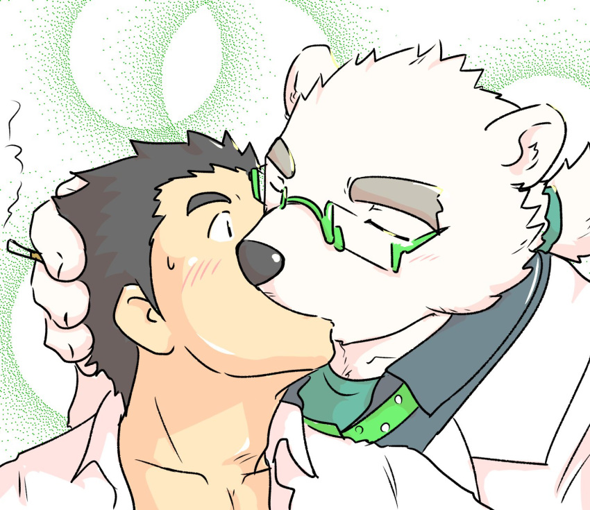 2019 anthro blush clothing duo eyes_closed eyewear fur glasses human humanoid_hands kissing knn8150_ysd leib_(tas) male male/male mammal necktie polar_bear shirt smoking tokyo_afterschool_summoners topwear ursid ursine video_games white_fur