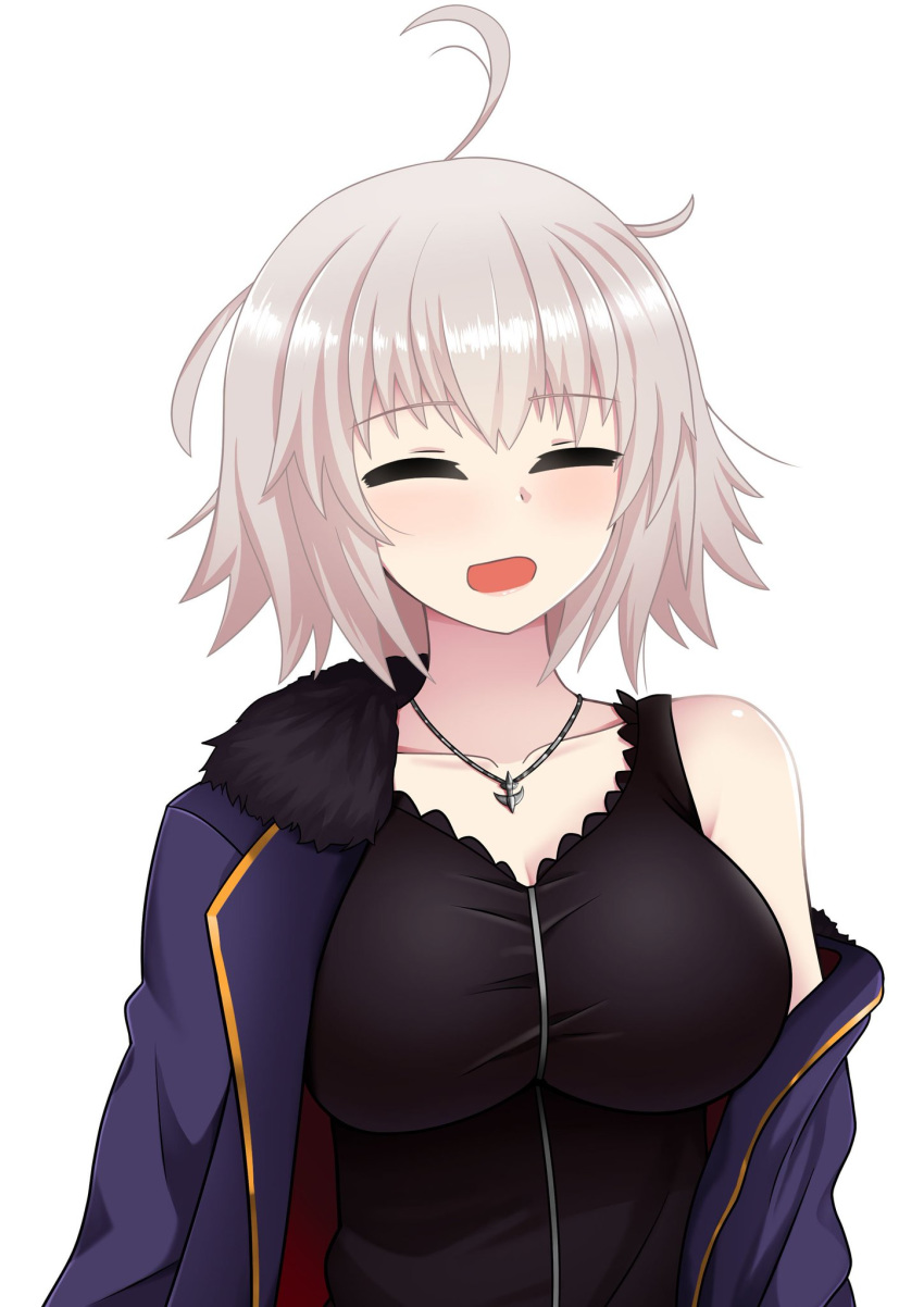 1girl ahoge bangs black_dress blush breasts dress eyes_closed fate_(series) fate_grand_order fur_trim fur_trimmed highres jacket jeanne_d'arc_(alter)_(fate) jeanne_d'arc_(fate)_(all) jewelry large_breasts messy_hair necklace pale_skin short_hair simple_background smile solo the_only_shoe white_background white_hair
