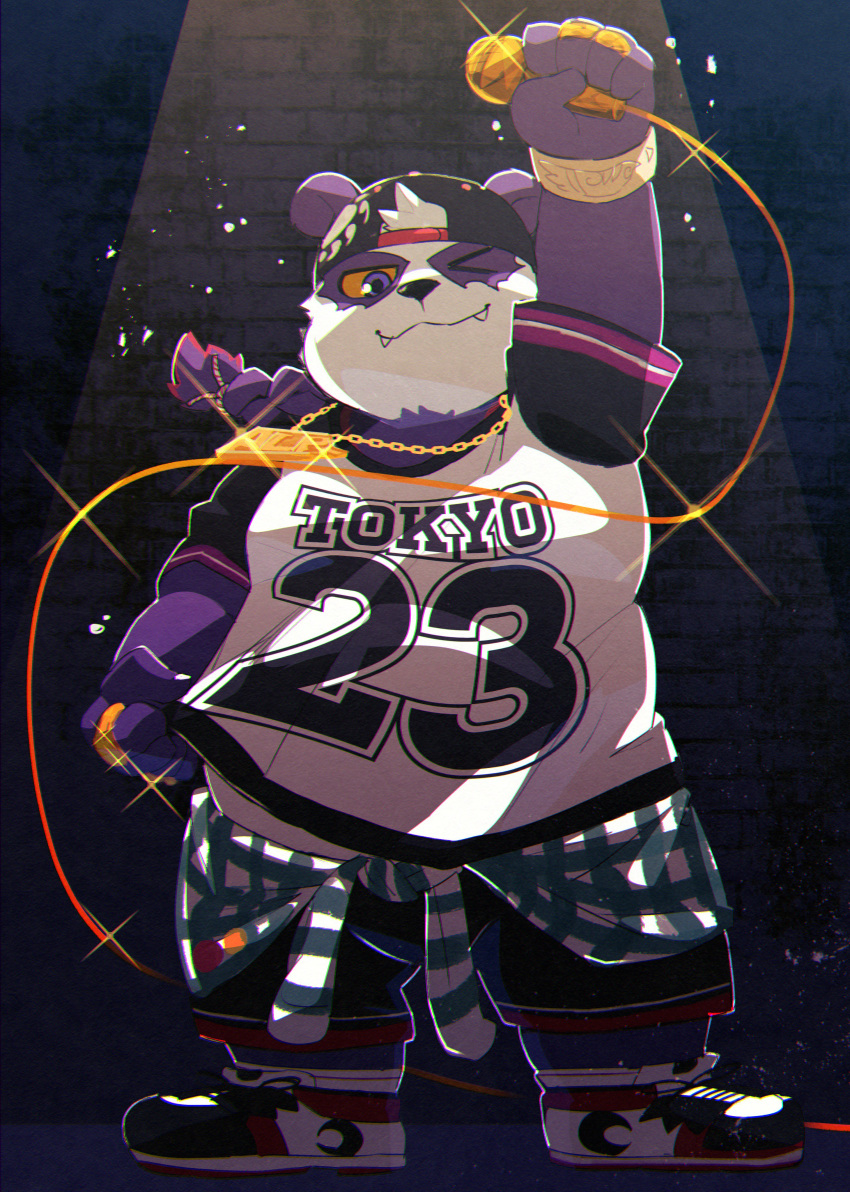 2019 alp_(tas) anthro belly clothing cute_fangs fur giant_panda humanoid_hands male mammal masshiro one_eye_closed overweight overweight_male purple_fur shirt shorts solo tokyo_afterschool_summoners topwear ursid video_games wink