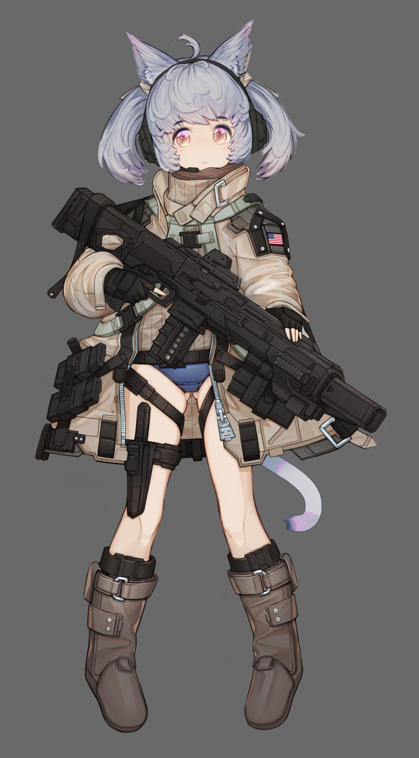 1girl :&lt; absurdres ahoge american_flag animal_ears blue_hair boots brown_eyes cat_ears cat_tail dagger fingerless_gloves full_body gloves gluteal_fold gun headset highres holding holding_gun holding_weapon jacket multicolored multicolored_eyes multicolored_hair original pink_eyes pink_hair puremage school_swimsuit sheath sheathed silver_hair simple_background solo swimsuit swimsuit_under_clothes tail trigger_discipline twintails two-tone_hair weapon