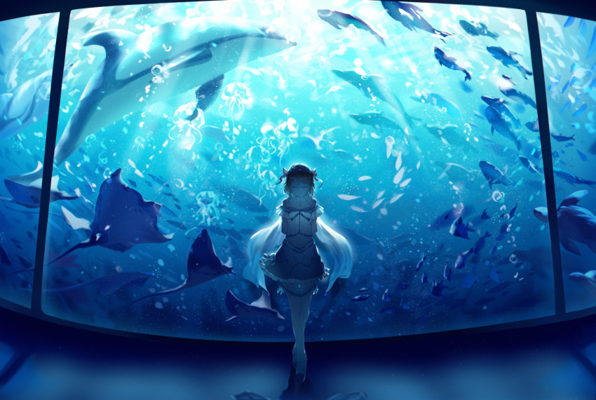 1girl absurdres aquarium arms_behind_back bangs bare_shoulders blonde_hair cicirelrel collarbone dolphin eyebrows_visible_through_hair eyes_closed facing_viewer fish full_body halterneck highres huge_filesize jewelry love_live! love_live!_school_idol_project love_live!_sunshine!! manta_ray midriff navel pendant short_hair smile standing thighhighs tiara watanabe_you