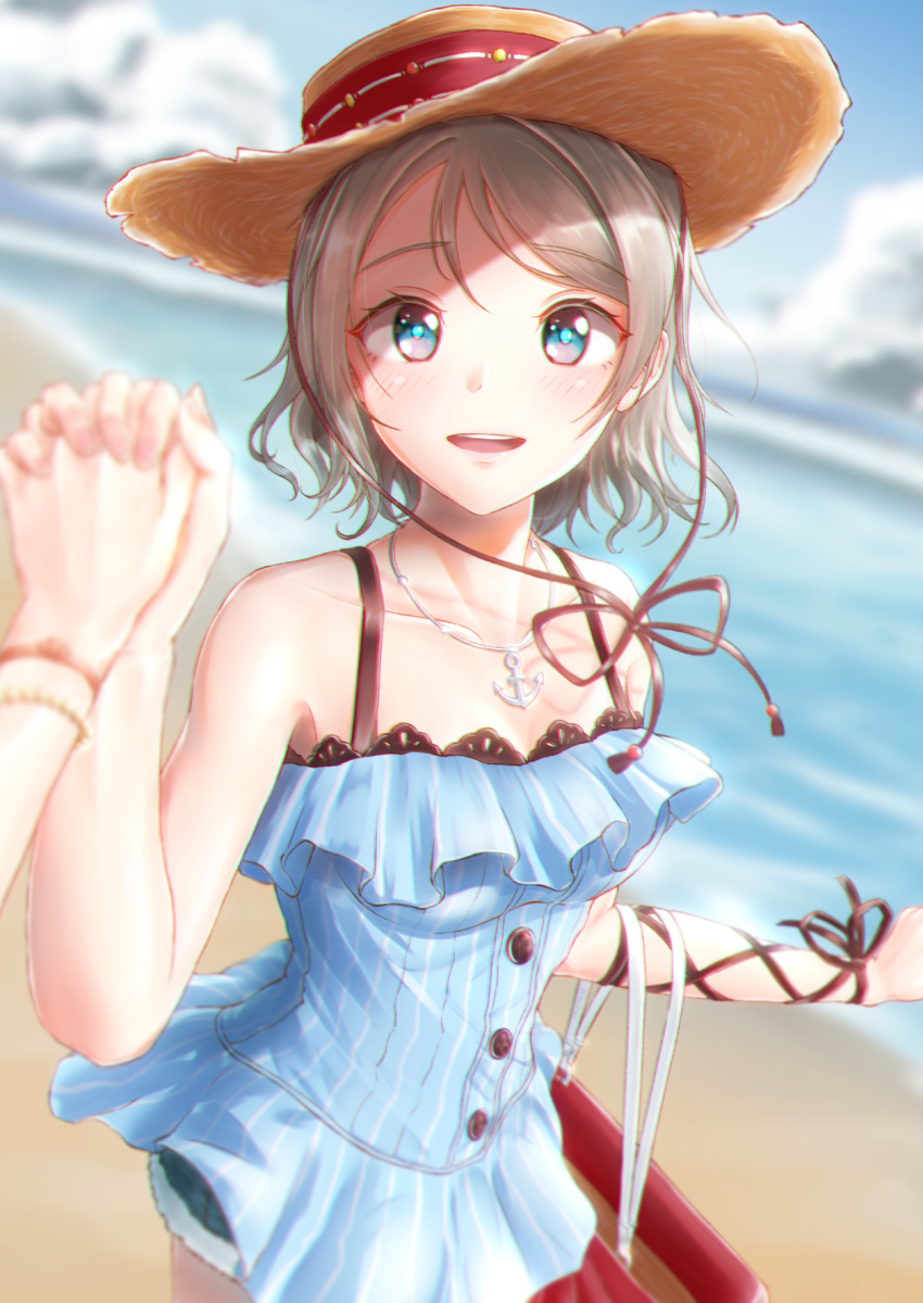 1girl artist_request bare_shoulders birthday blue_eyes blush breasts female grey_hair happy_birthday highres looking_at_viewer love_live! love_live!_sunshine!! medium_breasts open_mouth short_hair smile solo watanabe_you
