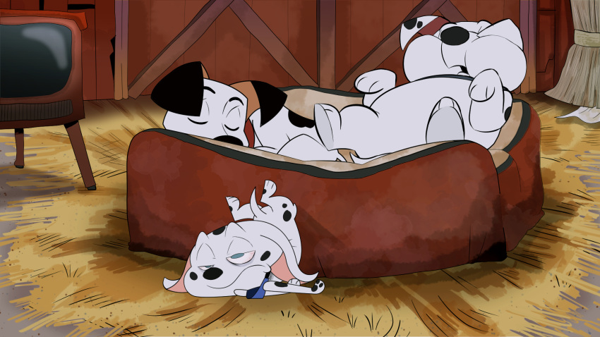 101_dalmatians 16:9 2019 black_nose blue_eyes cadpig canid canine canis clothing collar coyoterom dalmatian digital_drawing_(artwork) digital_media_(artwork) disney dog_bed domestic_dog eyes_closed group hat headgear headwear hi_res lucky_(101_dalmatians) lying mammal on_back open_mouth rolly_(101_dalmatians) sleeping spotted_body television tired wallpaper white_body