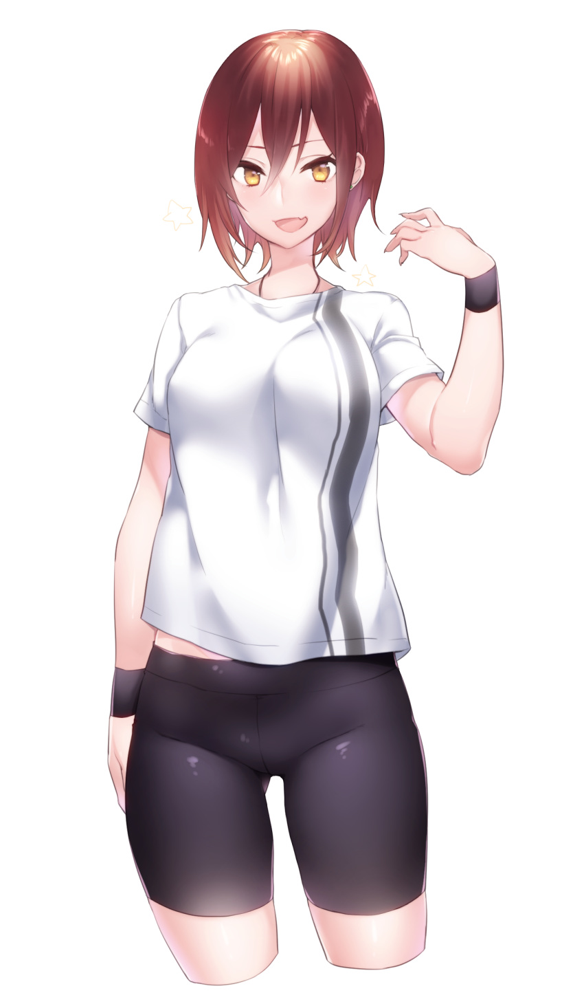 1girl absurdres bike_shorts blush breasts brown_eyes brown_hair cropped_legs gluteal_fold hair_between_eyes highres medium_breasts midriff_peek original short_hair skin_fang smile solo thighs white_background wristband yutazou