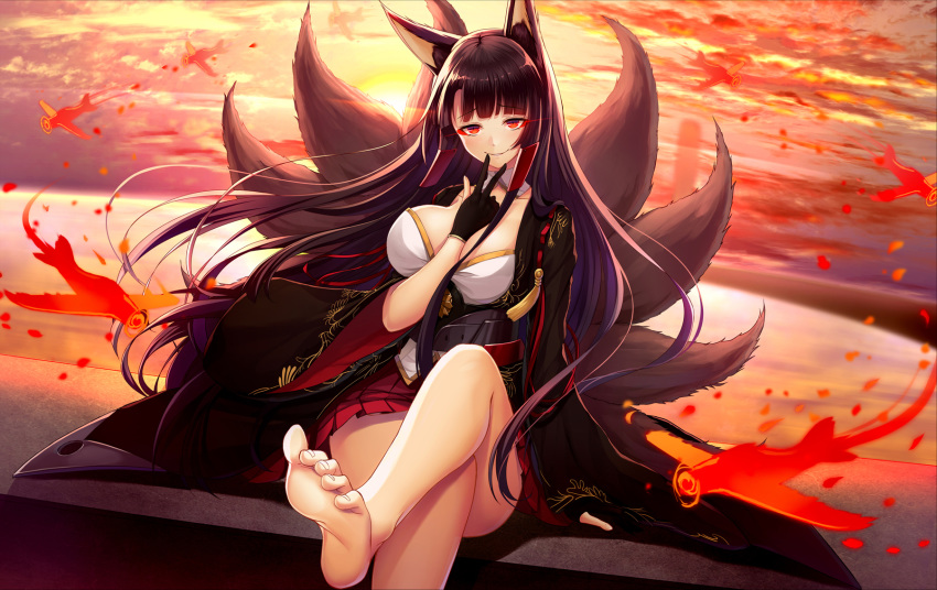 1girl aircraft airplane akagi_(azur_lane) animal_ears azur_lane bangs barefoot black_gloves black_hair breasts cleavage fox_ears fox_tail gloves hand_up highres japanese_clothes kurojo_ayane large_breasts legs_crossed long_hair looking_at_viewer outdoors red_eyes sitting smile sunset tail very_long_hair