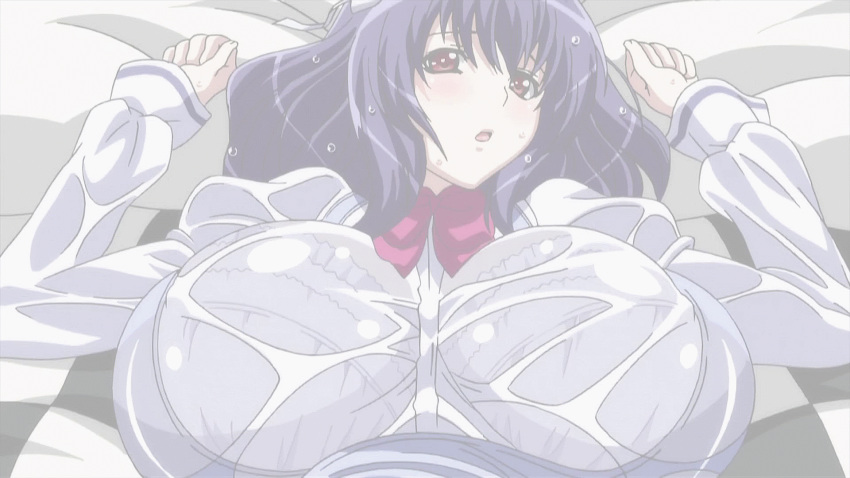 1girl animated animated_gif bed blush bra breasts erect_nipples erect_nipples_under_clothes heavy_breathing highres hoods_entertainment huge_breasts looking_at_viewer nipples open_mouth purple_hair red_eyes school_uniform see-through seikon_no_qwaser sweat tight underwear uno_makoto wet wet_clothes white_bra yamanobe_tomo