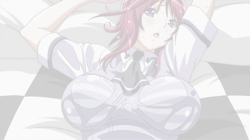 1girl animated animated_gif bed blush bra breasts erect_nipples erect_nipples_under_clothes heavy_breathing highres hoods_entertainment looking_at_viewer medium_breasts nipples open_mouth oribe_mafuyu pov purple_eyes red_hair school_uniform see-through seikon_no_qwaser striped striped_bra sweat tight underwear uno_makoto wet wet_clothes