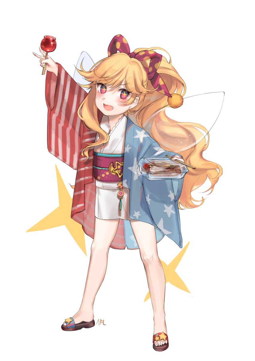 +_+ 1girl :d absurdres adapted_costume american_flag_kimono arm_up blonde_hair blush brown_footwear candy_apple chopsticks clownpiece container eyebrows_visible_through_hair fairy_wings fang food full_body hair_ribbon haori highres holding holding_food japanese_clothes kimono long_hair looking_at_viewer no_hat no_headwear obi open_mouth pink_eyes polka_dot_ribbon purple_ribbon purple_sash ribbon sandals sash shan short_kimono simple_background smile solo standing thighs touhou v very_long_hair wavy_hair white_background white_kimono wings