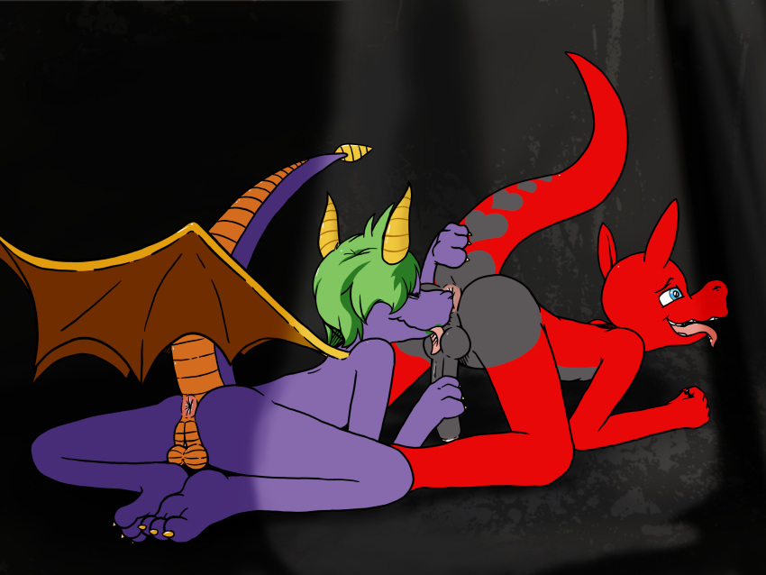 &lt;3 ball_play balls butt butt_sniffing cave cynder cynder_darkov dragon erection feet flat_chested green_hair hair herm intersex kissing licking lovemaking male nude penis rubisdrake sniffing spyro_the_dragon tagme tongue tongue_out video_games