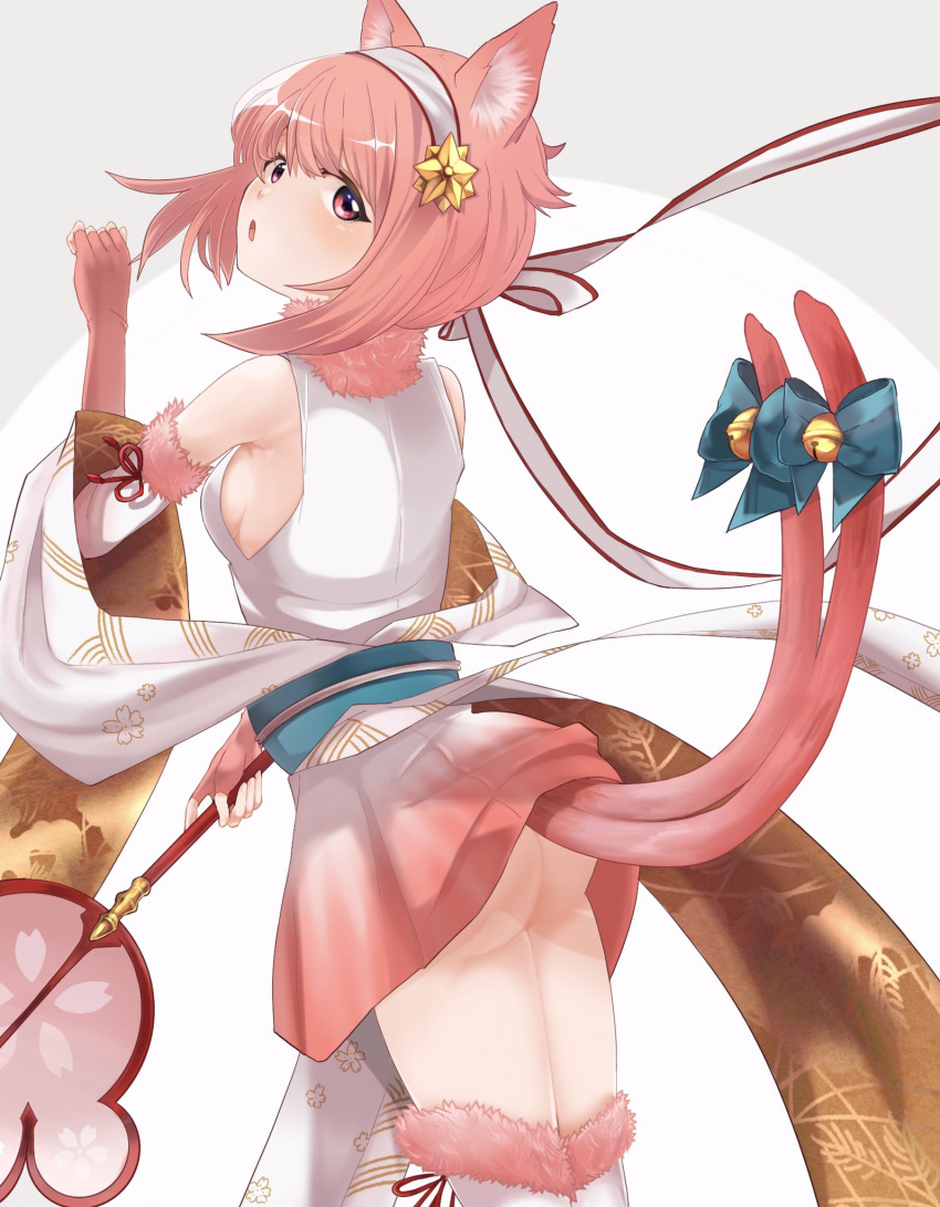 1girl animal_ears ass bell bow breasts cat_ears cat_tail fingerless_gloves fire_emblem fire_emblem_heroes fire_emblem_if from_behind fur_trim gloves hairband highres holding japanese_clothes looking_back mozuku_3 nintendo open_mouth pink_eyes pink_gloves pink_hair sakura_(fire_emblem_if) short_hair sideboob simple_background sleeveless small_breasts solo tail