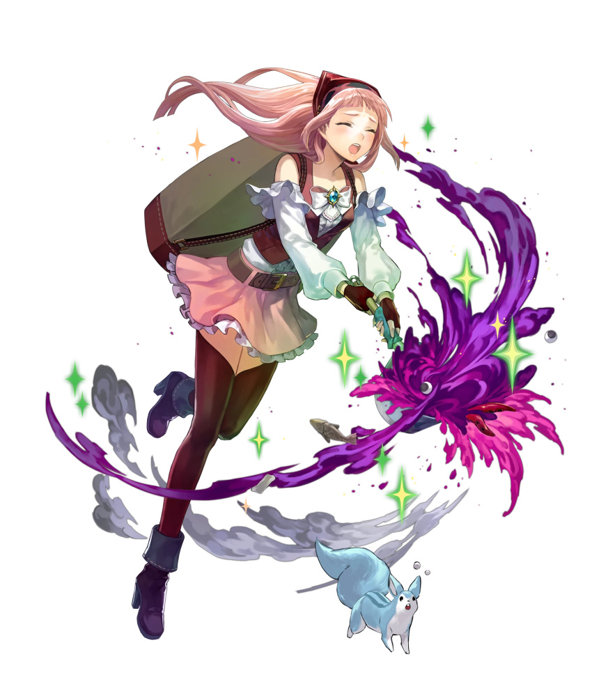 1girl ankle_boots bangs black_footwear black_legwear boots eyes_closed felicia_(fire_emblem_if) fingerless_gloves fire_emblem fire_emblem_heroes fire_emblem_if frills full_body gloves hakou_(barasensou) highres long_hair miniskirt nintendo official_art open_mouth pink_hair skirt solo thighhighs transparent_background zettai_ryouiki