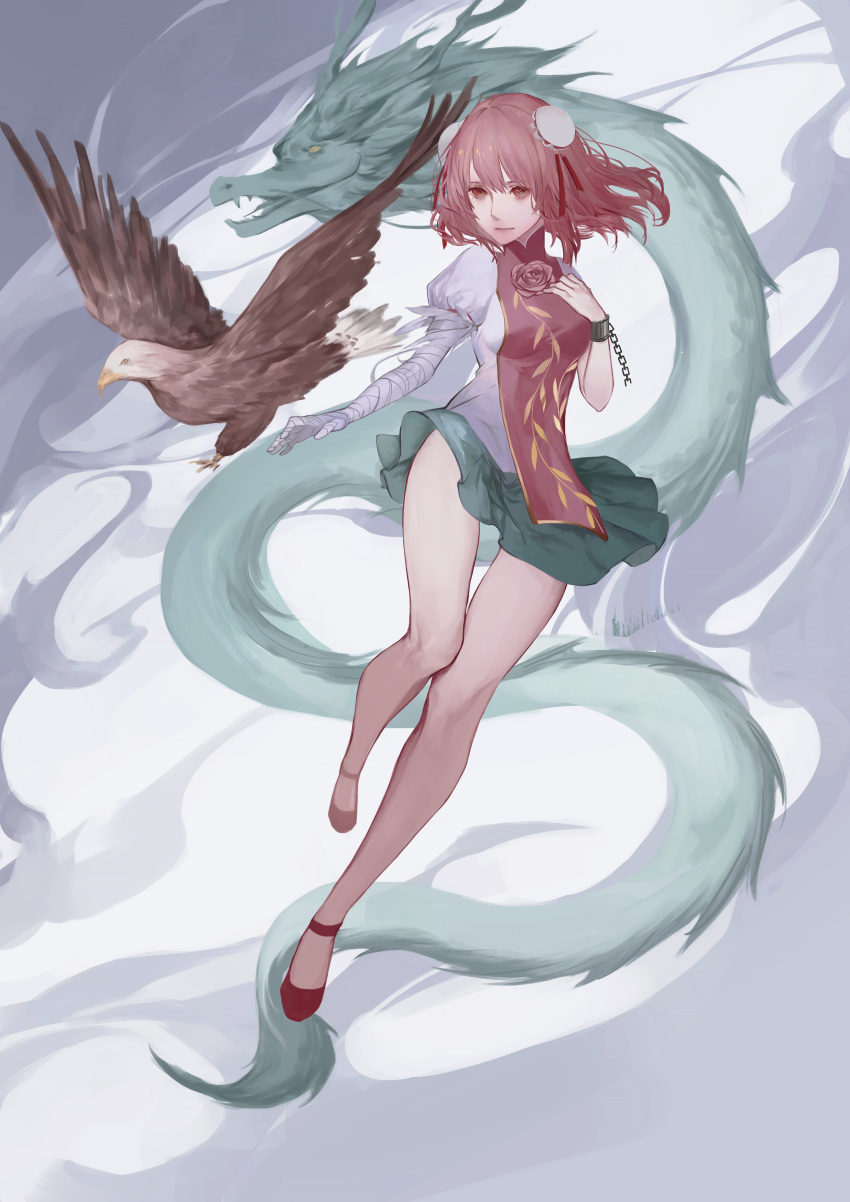 1girl absurdres bandage bandaged_arm bandages bird breasts bun_cover chains chinese_clothes closed_mouth cuffs double_bun dragon eagle eastern_dragon flower full_body green_skirt highres ibaraki_kasen kelou medium_breasts miniskirt pink_eyes pink_flower pink_hair pink_rose puffy_short_sleeves puffy_sleeves rose shackles short_hair short_sleeves skirt tabard touhou