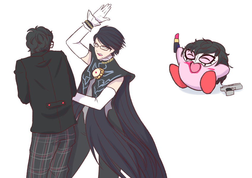 1girl 2boys absurdres amamiya_ren bayonetta bayonetta_(character) beating black_hair cosplay elbow_gloves glasses gloves gun highres jewelry kirby kirby_(series) lipstick makeup mask multiple_boys necklace nintendo pants persona persona_5 roviahc school_uniform short_hair slapping super_smash_bros. uniform weapon