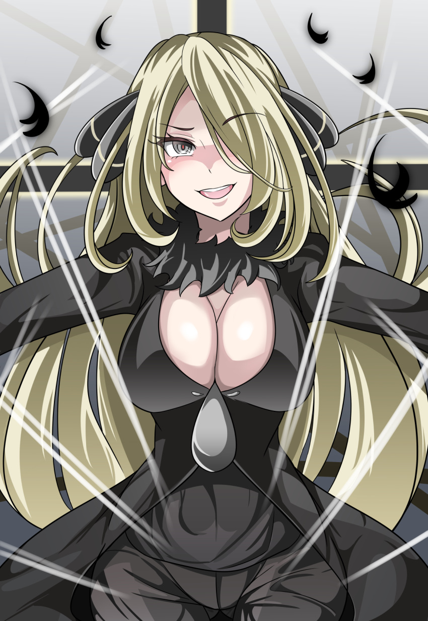 1girl :d blonde_hair breasts cleavage cowboy_shot creatures_(company) eyebrows_visible_through_hair feathers fur_collar game_freak gluteal_fold hair_ornament hair_over_one_eye highres large_breasts long_hair long_sleeves looking_at_viewer nintendo open_mouth pokemon pokemon_(game) pokemon_dppt red_pupils shirona_(pokemon) silver_eyes smile solo sumida_kichi teeth very_long_hair