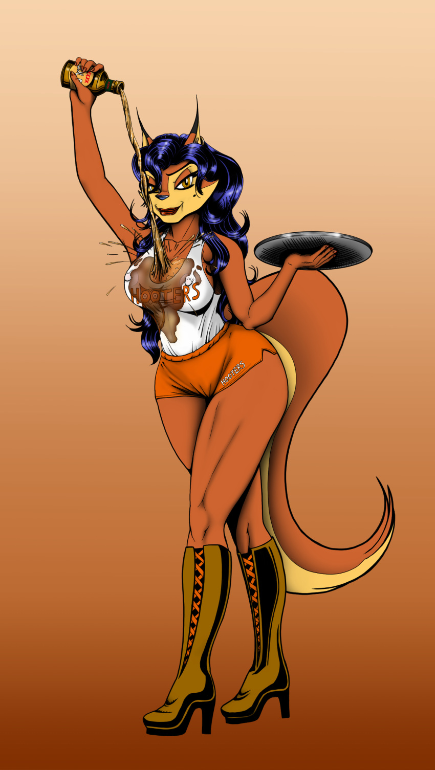 2018 absurd_res alcohol amber_eyes anthro areola astraldog beer beverage blue_hair canid canine carmelita_fox copyright_sony_corporation copyright_sony_interactive_entertainment copyright_sucker_punch_productions female fox fur hair hi_res hooters invalid_tag jewelry mammal orange_fur sly_cooper_(series) solo sony_corporation sony_interactive_entertainment speices:canid sucker_punch_productions video_games