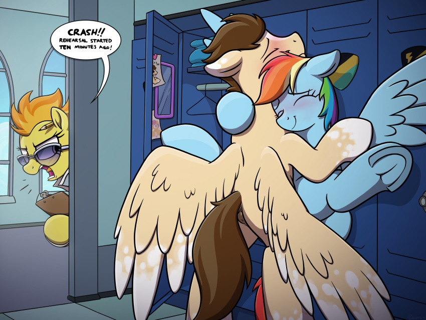 2019 4:3 absurd_res anus blush dialogue english_text equid equine eyes_closed eyewear fan_character female feral friendship_is_magic group hi_res hooves inside locker mammal my_little_pony open_mouth pterippus rainbow_dash_(mlp) selenophile sex smile spitfire_(mlp) spread_legs spreading text underhoof walk-in wings wonderbolts_(mlp)