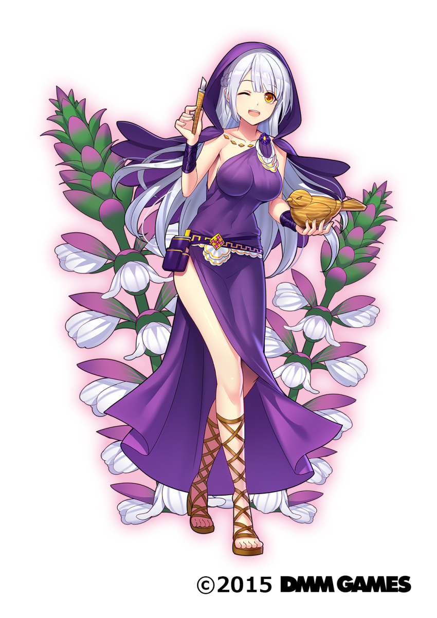 1girl acanthus_(flower_knight_girl) copyright_name dmm dot_nose dress floral_background flower_knight_girl full_body highres holding hood legs_crossed looking_at_viewer official_art one_eye_closed purple_dress purple_hood silver_hair standing tagme white_background yellow_eyes