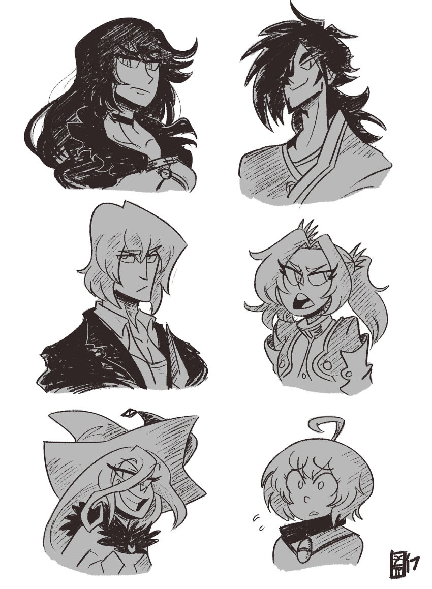 3boys 3girls big_smile black_and_white black_hair eizen_(tales) eleanor_hume emotions eyebrows eyebrows_visible_through_hair eyelashes female hair laphicet_(tales) magilou_(tales) male mouth mouth_open one_eye_covered rokurou_rangetsu scruffyturtles smile sweat tales_of_(series) tales_of_berseria teeth velvet_crowe video_games wide-eyed witch_hat worried