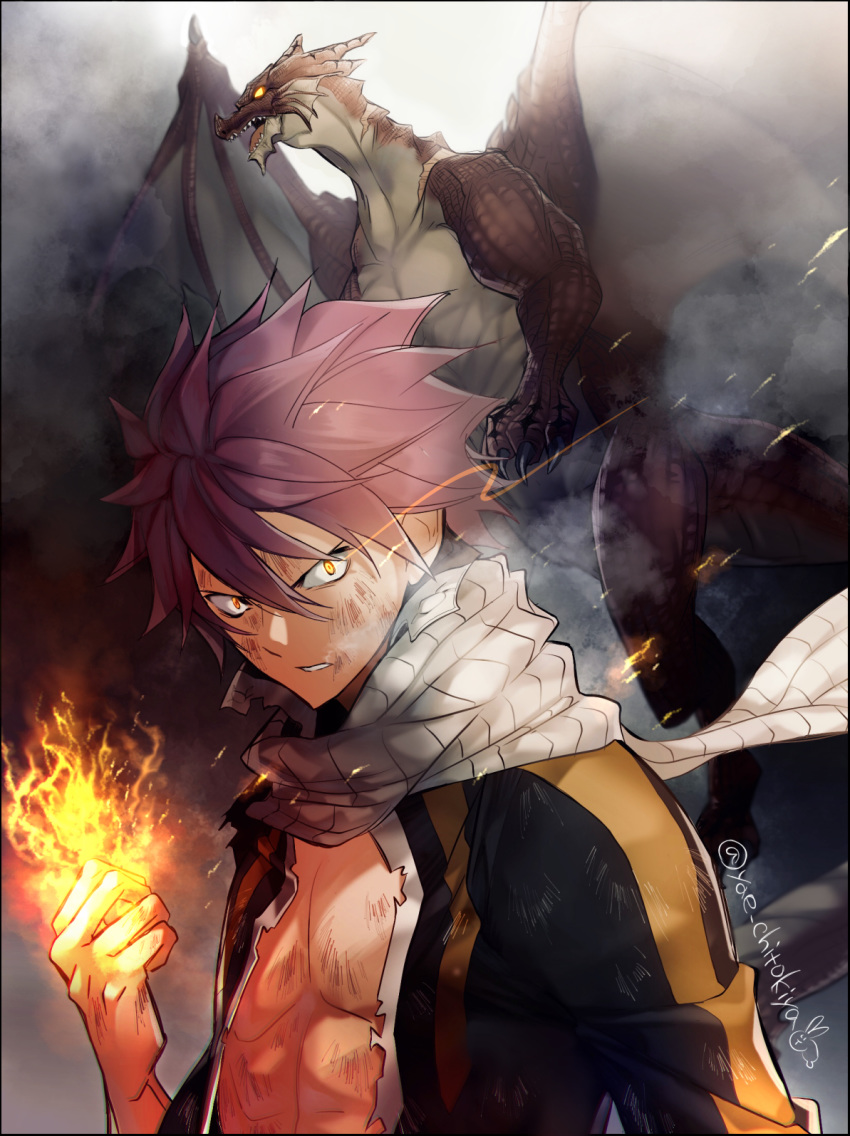 1boy bruise_on_face clenched_hand dragon fairy_tail fire glowing glowing_eyes hair_between_eyes highres igneel long_sleeves natsu_dragneel pink_hair scarf shirt solo spiked_hair torn_clothes torn_shirt twitter_username upper_body v-shaped_eyebrows white_scarf yae_chitokiya yellow_eyes