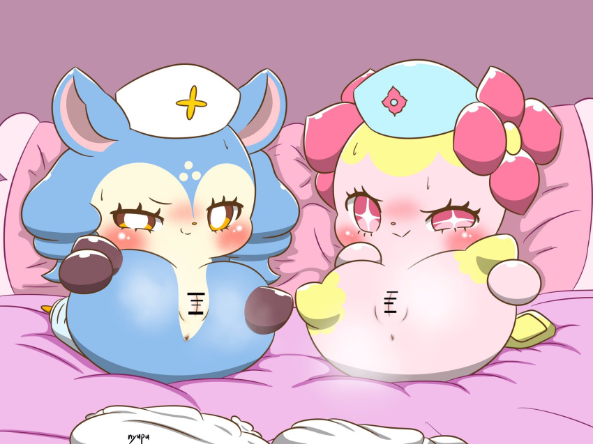 anthro anus bedroom blush censored chibi clothing cocotama duo female hat headgear headwear hi_res himitsu_no_cocotama hirake!_cocotama hotney_(cocotama) looking_at_viewer mammal mostly_nude nurchu_(cocotama) nurse_hat nyupu presenting presenting_pussy pussy smile spread_legs spreading steam sweat