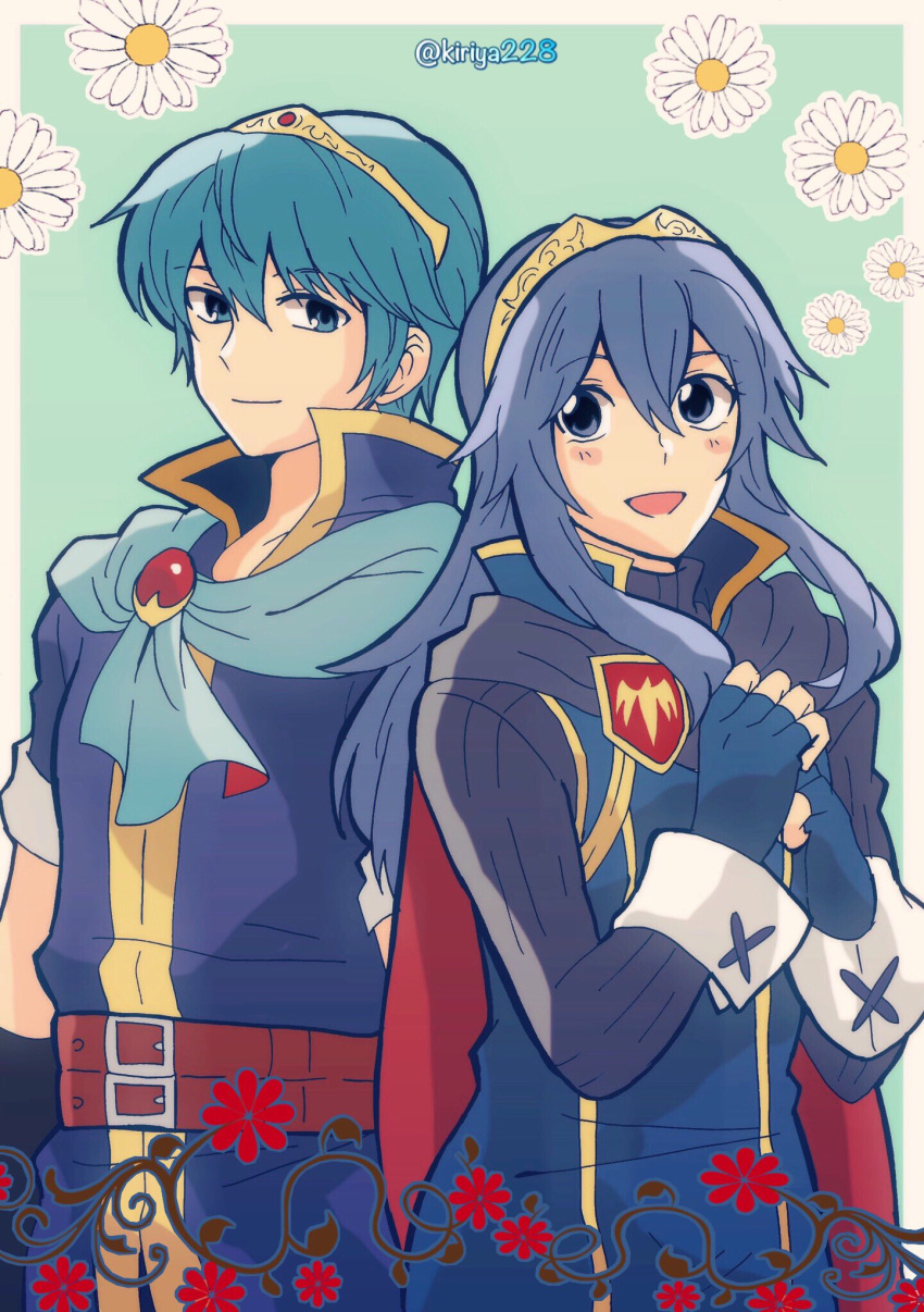 1boy 1girl armor blue_eyes blue_hair blush cape fire_emblem fire_emblem:_kakusei fire_emblem:_monshou_no_nazo gloves headband highres kiriya_(552260) long_hair looking_at_viewer lucina marth nintendo short_hair simple_background smile tiara