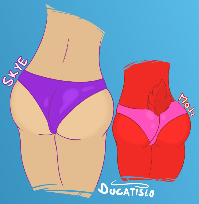 2019 butt clothed clothing digital_media_(artwork) ducatislo_(artist) elf fur hi_res humanoid lagomorph leipori leporid mammal moji_(paladins) paladins rabbit red_fur simple_background size_difference skye underwear video_games white_skin