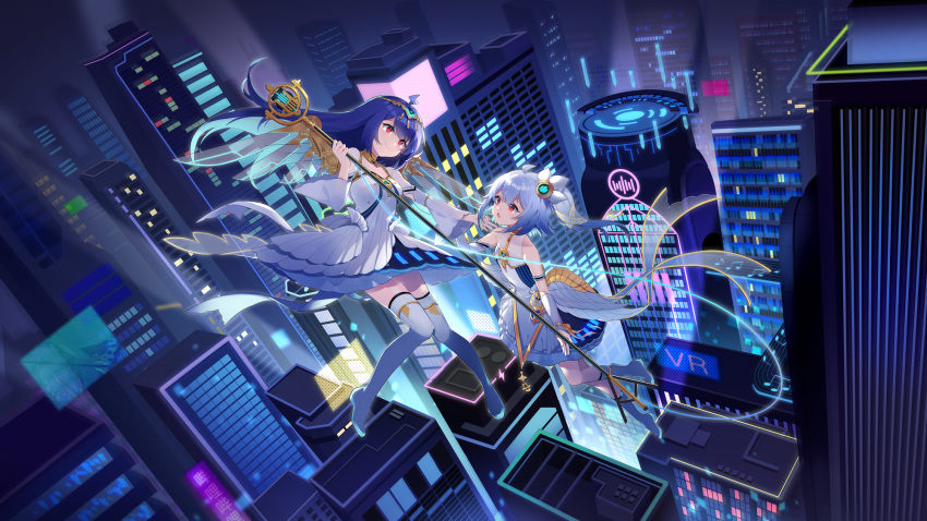 2girls bili_girl_22 bili_girl_33 bilibili_douga blue_hair blush boots building city closed_mouth detached_sleeves floating highres long_hair long_sleeves looking_at_another multiple_girls night official_art outdoors parted_lips red_eyes sharlorc short_hair skirt skyscraper smile thigh_boots thighhighs white_footwear white_skirt