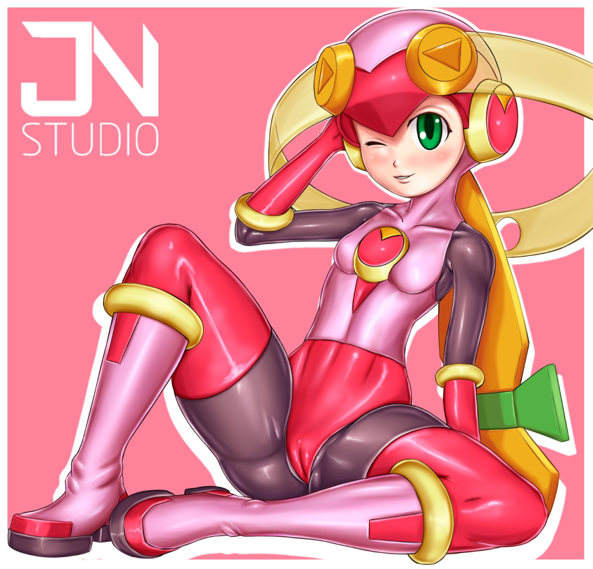 1girl arm_support artist_name blonde_hair blush bodysuit boots breasts cameltoe capcom collarbone full_body gloves green_eyes hand_behind_head helmet highres jnstudio long_hair low-tied_long_hair netnavi one_eye_closed pink_background pink_bodysuit pink_footwear pink_gloves rockman rockman_exe roll_exe sitting skin_tight smile solo spandex spread_legs thighhighs