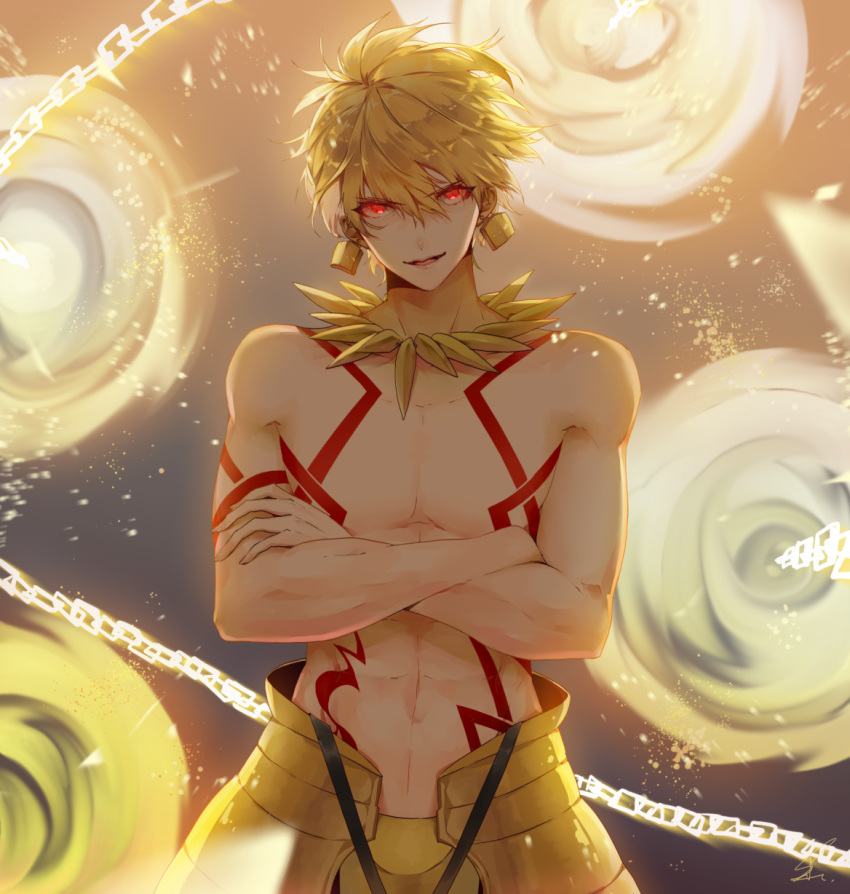 1boy abs armor blonde_hair chains commentary_request crossed_arms earrings fate/stay_night fate_(series) gate_of_babylon gilgamesh highres jewelry looking_at_viewer necklace open_mouth plackart red_eyes saihate_(d3) shirtless solo tattoo toned toned_male