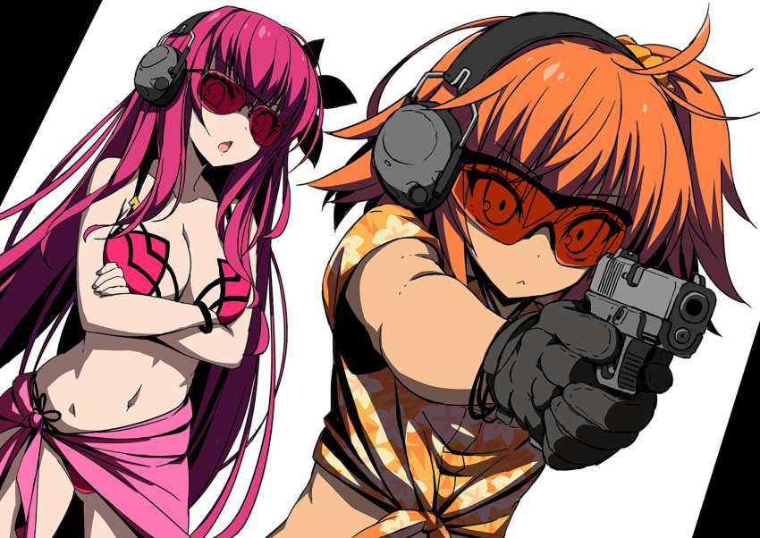 2girls :&lt; :o ahoge alternate_costume aviator_sunglasses bangs bare_shoulders bikini bra bracelet breasts cleavage collarbone crossed_arms dutch_angle ear_protection fate/grand_order fate_(series) floral_print flower fujimaru_ritsuka_(female) gloves gun hair_between_eyes hair_flower hair_ornament hair_scrunchie hawaiian_shirt holding holding_gun holding_weapon jewelry large_breasts long_hair medium_hair midriff multiple_girls navel one_side_up orange_hair pink_bikini pink_hair print_shirt purple_bikini purple_hair sarong scathach_(fate)_(all) scathach_(fate/grand_order) scathach_(swimsuit_assassin)_(fate) scrunchie shirt shooting_glasses side_ponytail simple_background sunglasses suzuri_(tennenseki) swimsuit tied_shirt tropical_summer underwear upper_body very_long_hair weapon white_background wristband