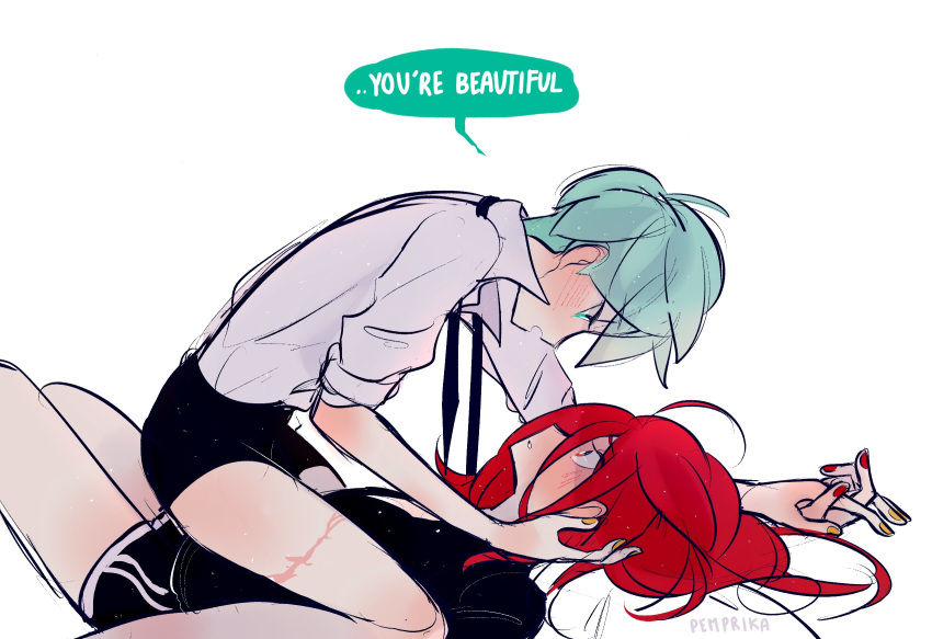 2others ahoge alternate_costume androgynous aqua_eyes aqua_hair blush contemporary english_text hair_between_eyes hand_holding highres houseki_no_kuni humanization interlocked_fingers looking_at_another lying multiple_others nail_polish necktie on_back phosphophyllite red_eyes red_hair scar shinsha_(houseki_no_kuni) short_hair shorts signature straddling white_background