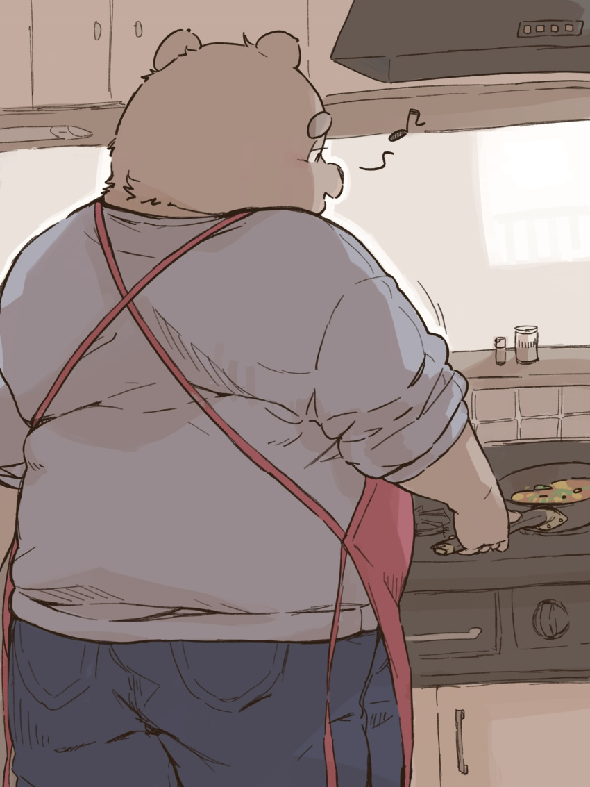 2019 anthro apron butt clothing cooking dv-ch hi_res humanoid_hands male mammal overweight overweight_male pants shirt solo topwear ursid