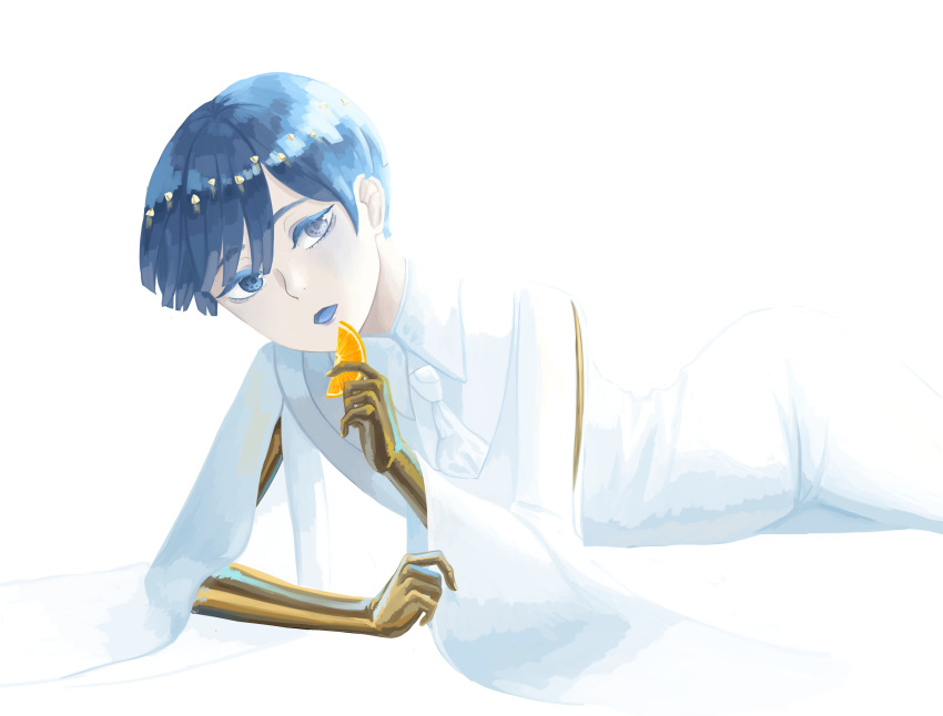 1other absurdres androgynous bangs blue_eyes blue_hair blunt_bangs colored_eyelashes crystal_hair elbow_rest food fruit golden_arms heterochromia highres houseki_no_kuni iciriini looking_at_viewer lying necktie on_side orange phosphophyllite phosphophyllite_(ll) short_hair solo spoilers white_background white_eyes wide_sleeves