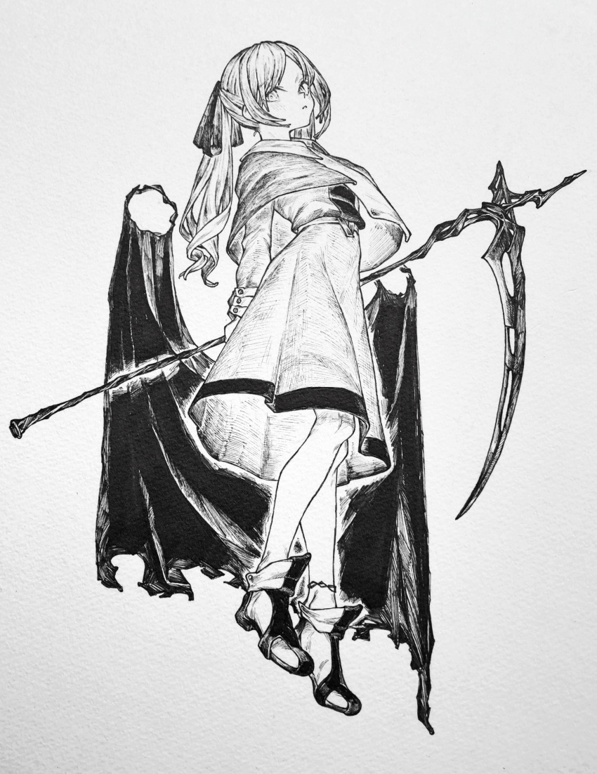 1girl absurdres bangs black_ribbon collared_dress dress from_below full_body greyscale hair_ribbon highres holding holding_scythe holding_weapon long_hair looking_at_viewer mashimashi monochrome original parted_bangs ponytail ribbon scythe shoes simple_background solo traditional_media weapon white_background white_dress