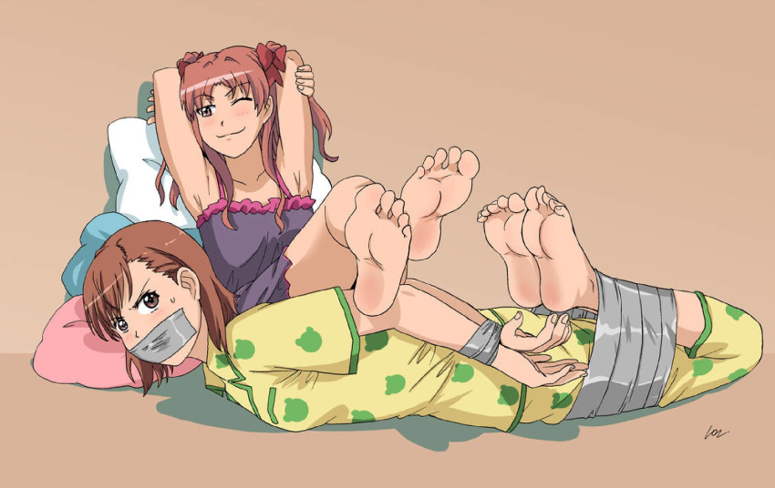 2girls barefoot bdsm bondage bound femdom highres human_furniture misaka_mikoto multiple_girls orange_eyes orange_hair pajamas tape to_aru_kagaku_no_railgun to_aru_majutsu_no_index