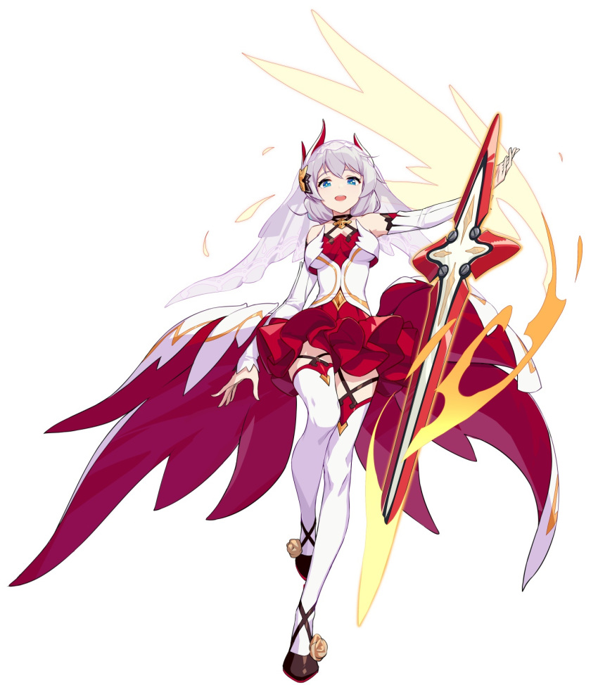 1girl armor bangs bare_shoulders black_footwear blue_eyes braid breasts cross cross_(weapon) crossed_legs detached_sleeves dress eyebrows_visible_through_hair fire floating_armor floating_hair floating_weapon gold_trim hair_between_eyes hair_ornament hair_tie highres honkai_(series) honkai_impact_3 jinyuan712 kallen_kaslana large_breasts legs_crossed long_hair long_sleeves looking_at_viewer open_mouth red_dress see-through shoes sidelocks silver_hair simple_background single_braid smile solo standing strapless strapless_dress thighhighs veil watson_cross white_background white_dress white_legwear